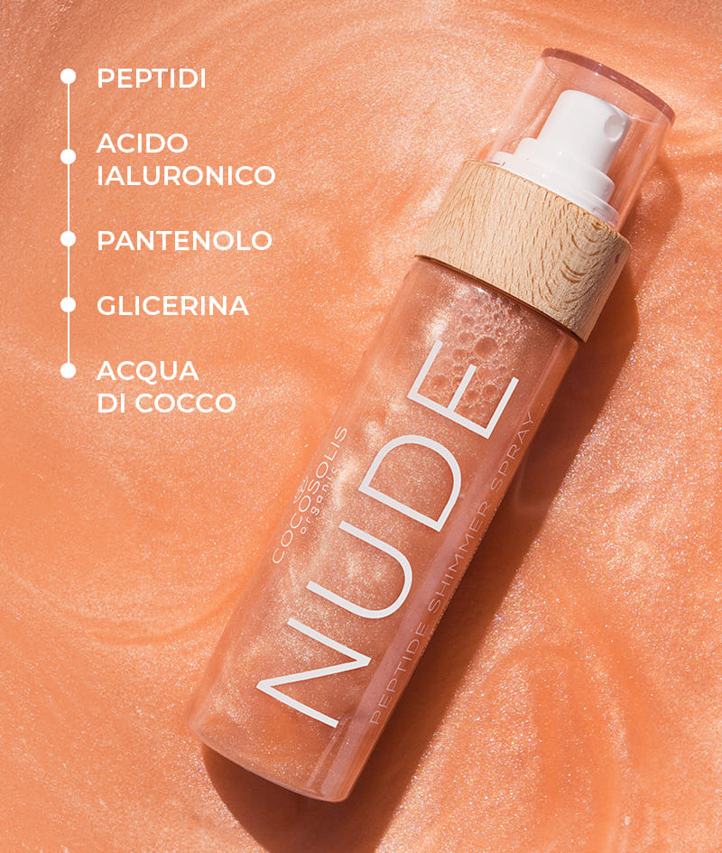 NUDE Peptide Shimmer Spray: Spray brillante naturale con peptidi per viso, corpo e capelli. Illumina, idrata e ringiovanisce.
<br><strong>Scintillante: Nude</strong>