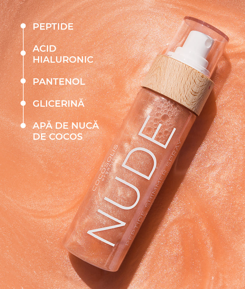 NUDE Peptide Shimmer Spray: Spray natural strălucitor cu peptide pentru față, corp și păr. Luminează, hidratează și întinerește.
<br><strong>Strălucire: Nude</strong>