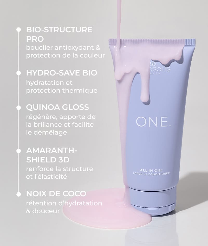 ONE. ALL IN ONE LEAVE-IN CONDITIONER: Après-shampoing sans rinçage aux 12 bienfaits dans une formule ultra-légère. Hydrate et répare. Lisse et illumine les cheveux. Démêlage et coiffage facilités, frisottis maîtrisés, temps de séchage réduit. Protège des UV et de la chaleur. Préserve l’éclat de la couleur.