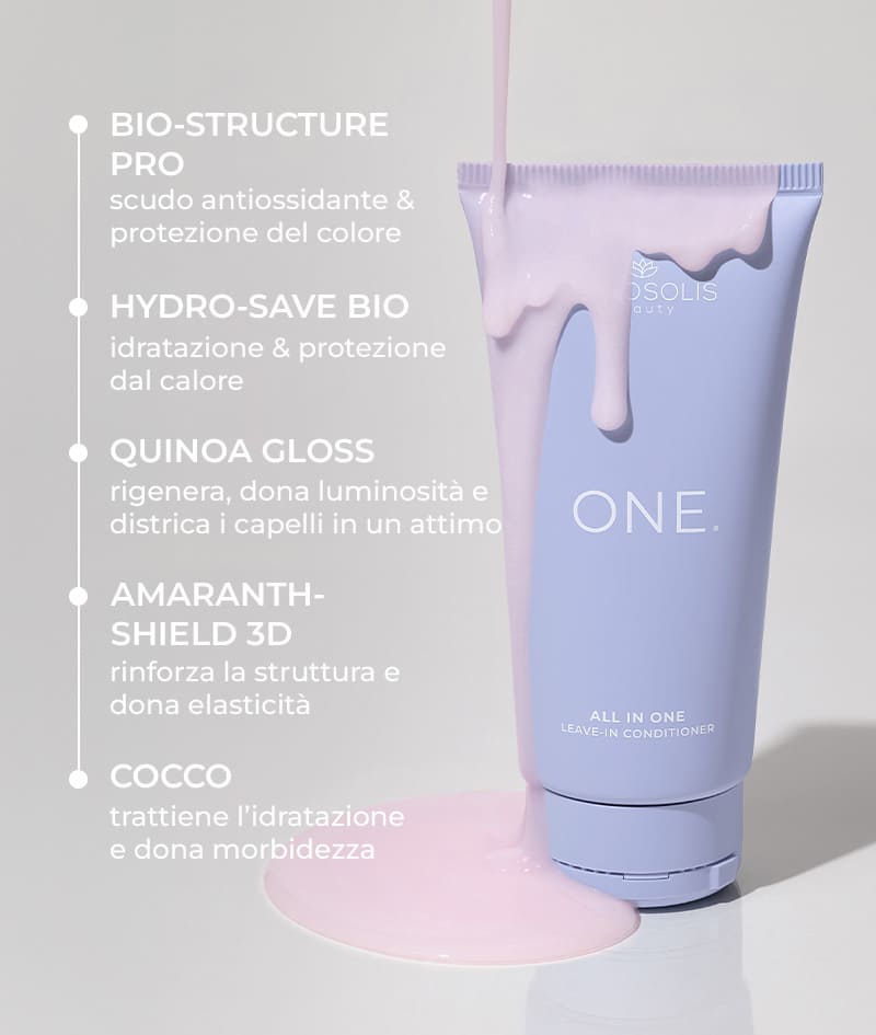 ONE. ALL IN ONE LEAVE-IN CONDITIONER: Balsamo leave-in con 12 benefici in una formula leggera. Idrata e ripara. Leviga e dona luminosità. Districa facilmente e facilita lo styling, riduce il crespo e accelera l’asciugatura. Protegge dai raggi UV e dal calore. Aiuta a preservare il colore.
