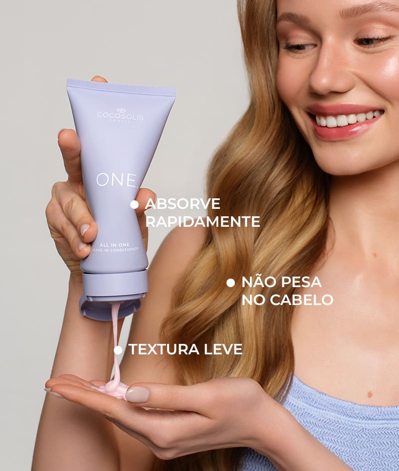 ONE. ALL IN ONE LEAVE-IN CONDITIONER: Condicionador leave-in com 12 benefícios numa fórmula leve. Hidrata e repara. Alisa e dá brilho. Facilita o desembaraçar e a modelação, reduz o frizz e acelera a secagem. Proporciona proteção UV e térmica. Ajuda a preservar a cor.