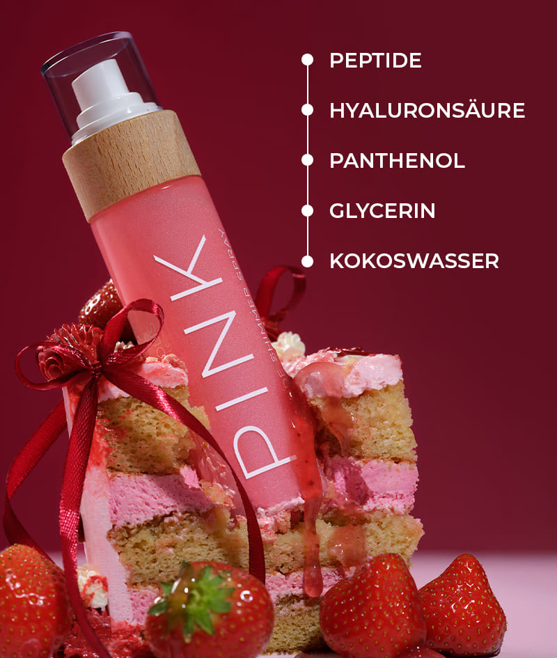 PINK Peptide Shimmer Spray: Natürliches Schimmer-Spray mit Peptiden für Gesicht, Körper und Haare. Lässt die Haut strahlen, hydratisiert, verjüngt.<br><strong>Glanz: Pink</strong>