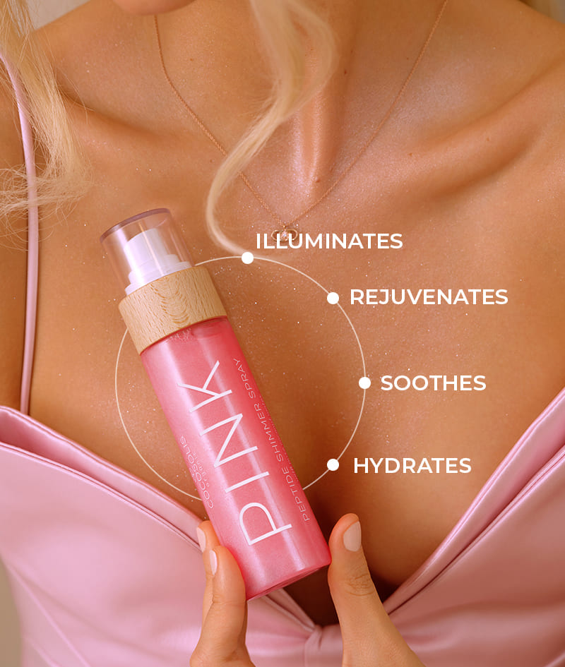 PINK Peptide Shimmer Spray: Natural shimmer spray with peptides for face, body & hair. Illuminates, hydrates, rejuvenates.<br><strong>Shimmer: Pink</strong>