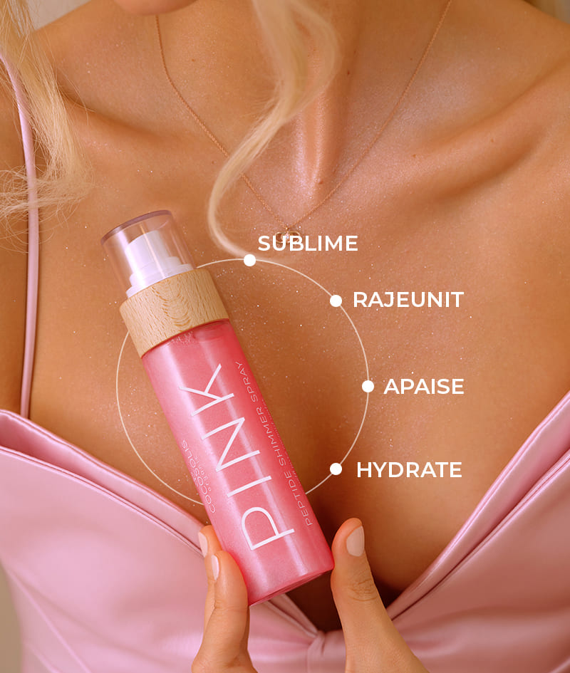 PINK Peptide Shimmer Spray: Spray sublimateur naturel aux peptides pour le visage, le corps et les cheveux. Illumine, hydrate, rajeunit.<br><strong>Brillance: Pink</strong>