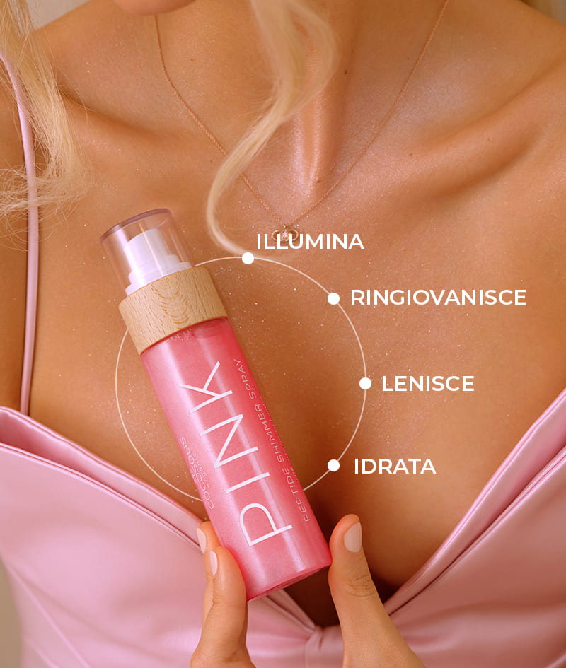PINK Peptide Shimmer Spray: Spray brillante naturale con peptidi per viso, corpo e capelli. Illumina, idrata e ringiovanisce.<br><strong>Scintillante: Pink</strong>