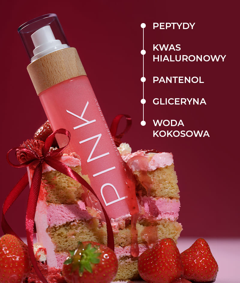 PINK Peptide Shimmer Spray: Naturalny spray rozświetlający z peptydami do twarzy, ciała i włosów. Rozświetla, nawilża i odmładza.<br><strong>Połysk: Pink</strong>
