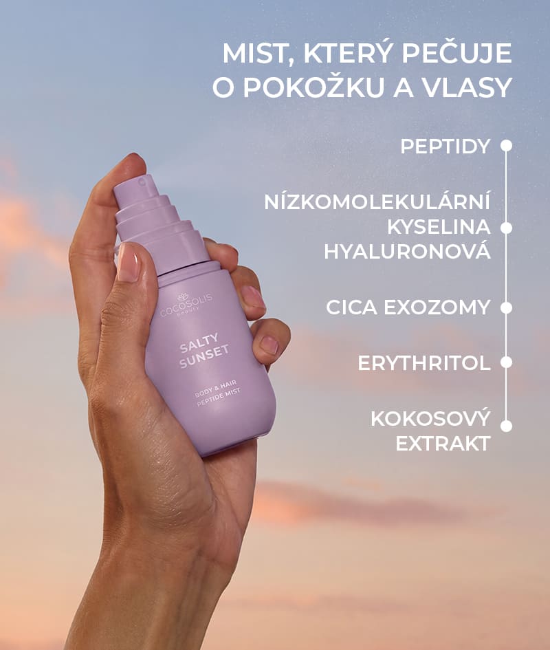 SALTY SUNSET Body & Hair Peptide Mist: Hydratační mist s peptidy na tělo i vlasy. Přináší pocit svěžího mořského vánku při západu slunce s vůní pistácie, karamelu a soli.