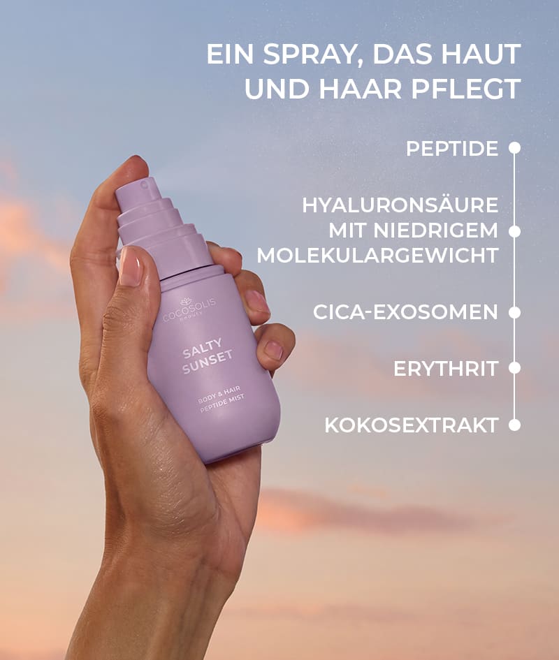 SALTY SUNSET Body & Hair Peptide Mist: Hydratisierendes Peptid-Spray für Körper und Haar. Fühlt sich an wie eine frische Meeresbrise bei Sonnenuntergang mit dem Duft nach Pistazie, Karamell und Salz.