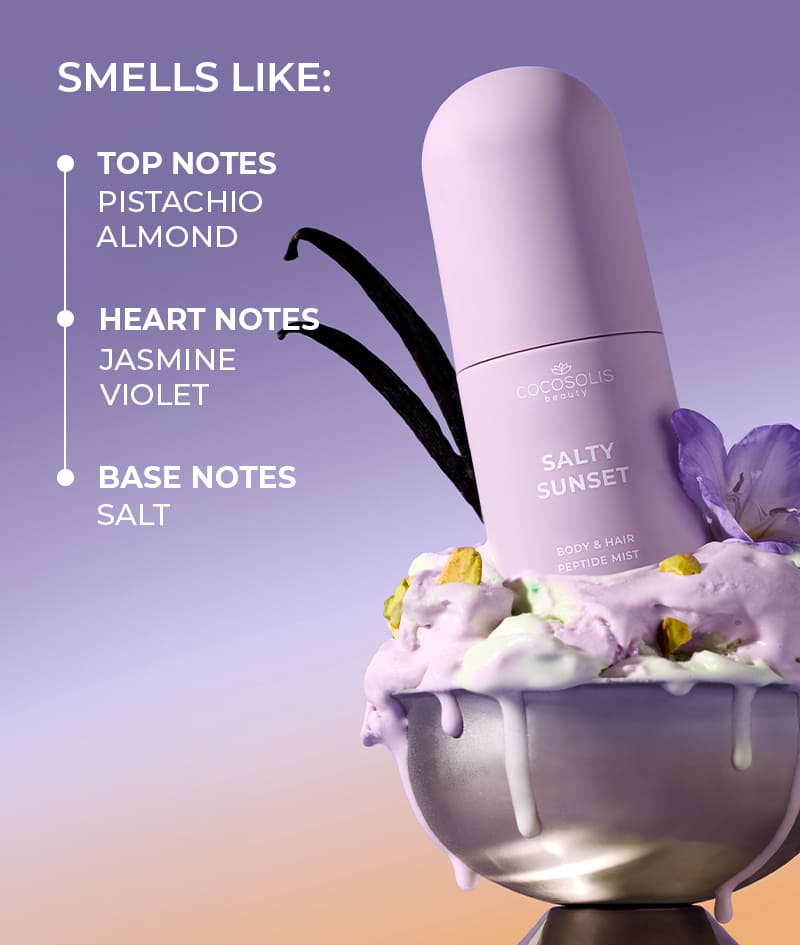 SALTY SUNSET Body & Hair Peptide Mist: Hydrating peptide mist for body and hair. Feels like a fresh sea breeze at sunset with the scent of pistachio, caramel and salt.