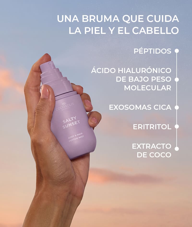 SALTY SUNSET Body & Hair Peptide Mist: Bruma hidratante con péptidos para el cuerpo y el cabello. Trae la sensación de una brisa marina fresca al atardecer, con aroma a pistacho, caramelo y sal.