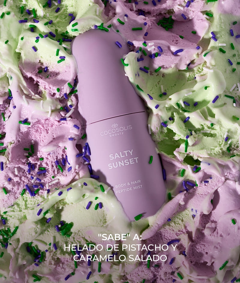 SALTY SUNSET Body & Hair Peptide Mist: Bruma hidratante con péptidos para el cuerpo y el cabello. Trae la sensación de una brisa marina fresca al atardecer, con aroma a pistacho, caramelo y sal.