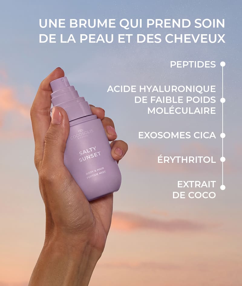 SALTY SUNSET Body & Hair Peptide Mist: Brume hydratante aux peptides pour le corps et les cheveux. Elle apporte la sensation d'une brise marine fraîche au coucher du soleil, aux notes de pistache, de caramel et de sel.