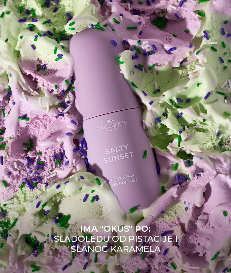 SALTY SUNSET Body & Hair Peptide Mist: Hidratantni mist s peptidima za tijelo i kosu. Donosi osjećaj svježeg morskog povjetarca pri zalasku sunca, s mirisom pistacije, karamele i soli.