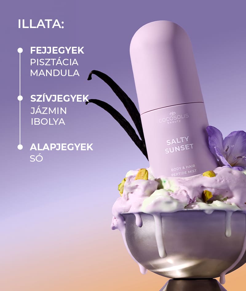 SALTY SUNSET Body & Hair Peptide Mist: Hidratáló peptidpermet testre és hajra. Egy friss tengeri szellő érzését hozza naplementekor, pisztácia, karamell és só illatával.