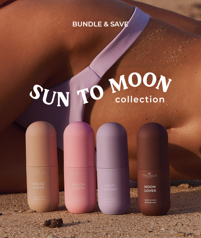 SALTY SUNSET Body & Hair Peptide Mist: Mist hidratant cu peptide pentru corp și păr. Îți dă senzația unei brize marine răcoroase la apus, cu aromă de fistic, caramel și sare.