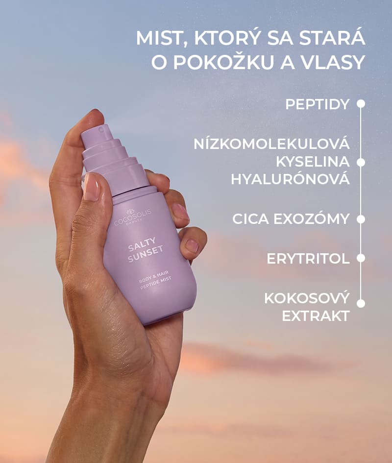 SALTY SUNSET Body & Hair Peptide Mist: Hydratačný mist s peptidmi na telo aj vlasy. Prináša pocit sviežeho morského vánku pri západe slnka s vôňou pistácie, karamelu a soli.