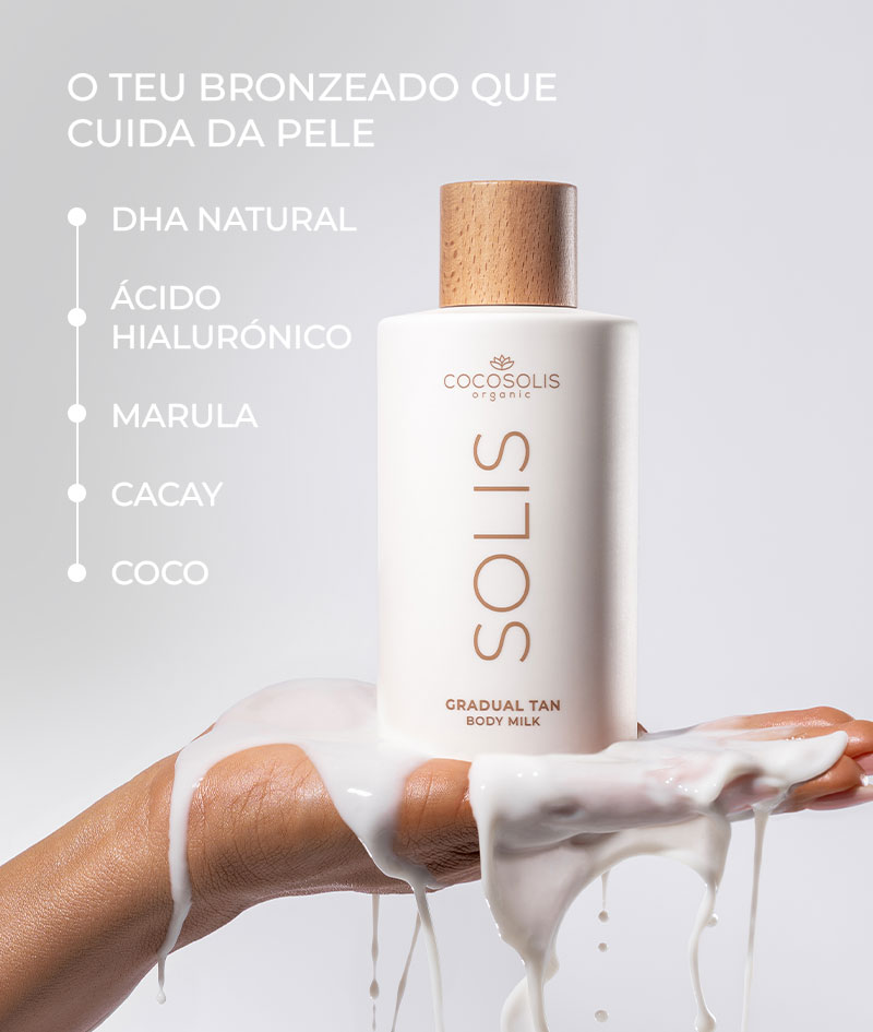 SOLIS Gradual Tan Body Milk: Leite autobronzeador corporal natural. Para uma pele hidratada e um bronzeado gradual e ajustável.
Fórmula leve e de rápida absorção.