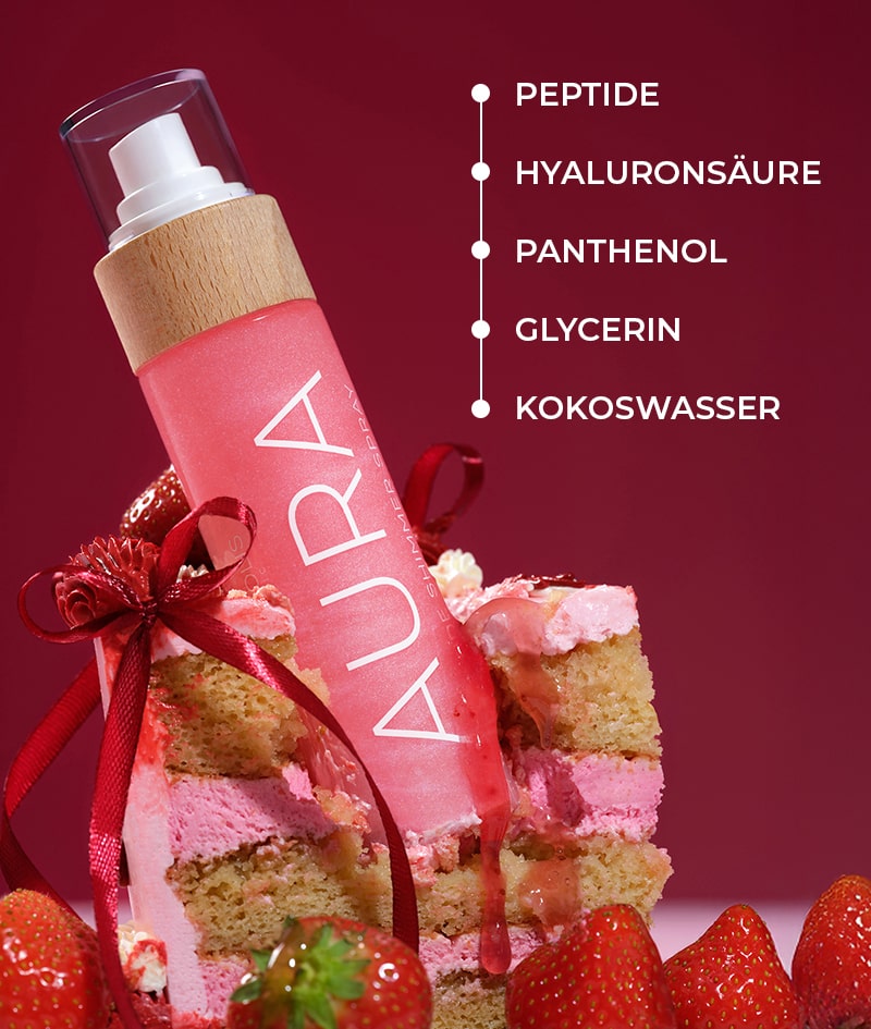 AURA PINK Peptide Shimmer Spray: Natürliches Schimmer-Spray mit Peptiden für Gesicht, Körper und Haare. Lässt die Haut strahlen, hydratisiert, verjüngt.<br><strong>Glanz: Pink</strong>