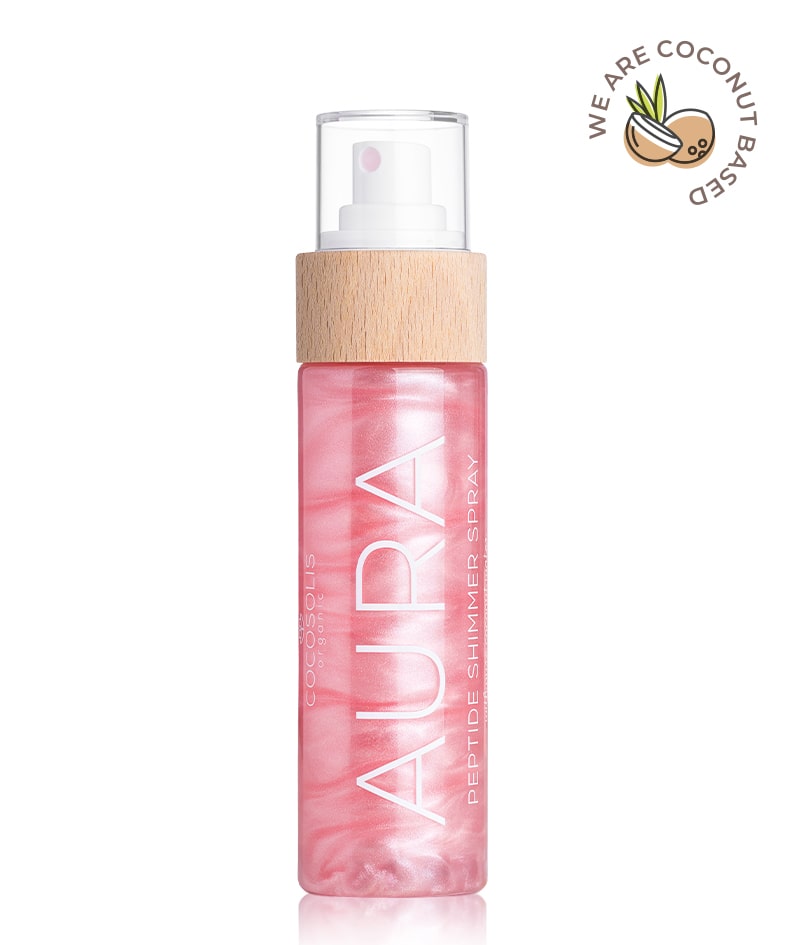 AURA PINK Peptide Shimmer Spray: Natural shimmer spray with peptides for face, body & hair. Illuminates, hydrates, rejuvenates.<br><strong>Shimmer: pink</strong>