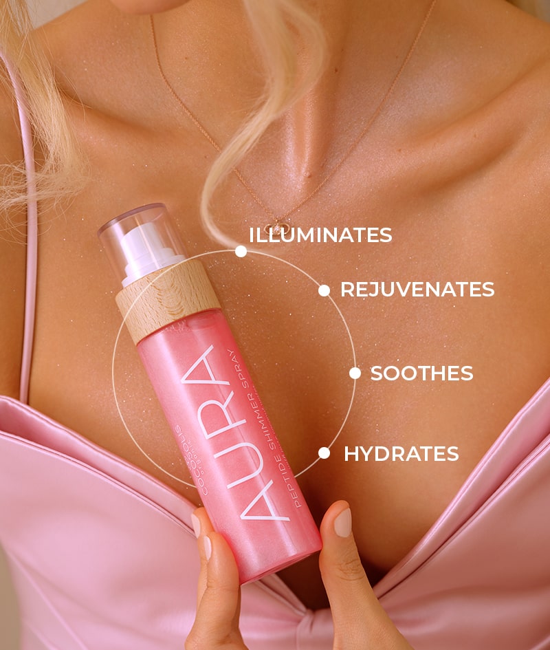 AURA PINK Peptide Shimmer Spray: Natural shimmer spray with peptides for face, body & hair. Illuminates, hydrates, rejuvenates.<br><strong>Shimmer: pink</strong>