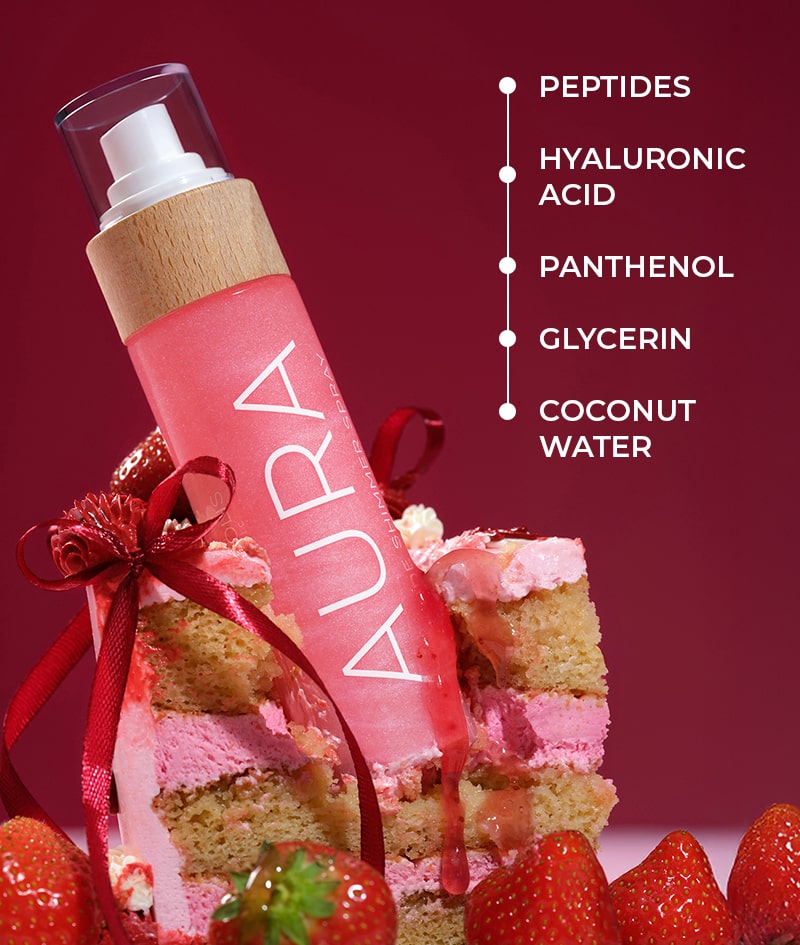 AURA PINK Peptide Shimmer Spray: Natural shimmer spray with peptides for face, body & hair. Illuminates, hydrates, rejuvenates.<br><strong>Shimmer: pink</strong>