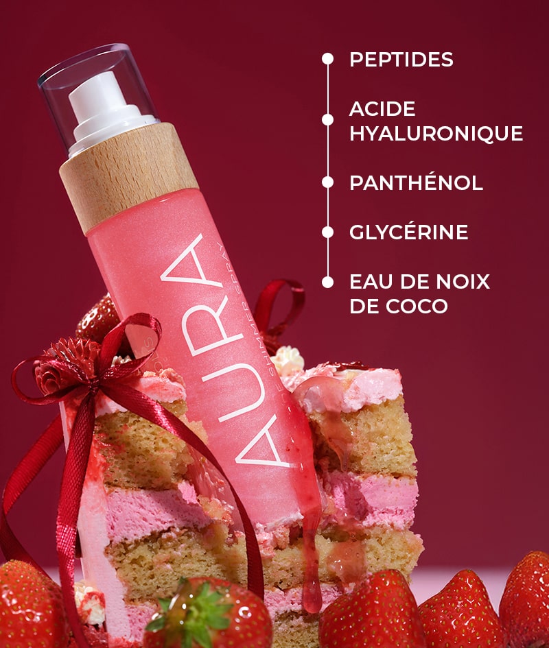 AURA PINK Peptide Shimmer Spray: Spray sublimateur naturel aux peptides pour le visage, le corps et les cheveux. Illumine, hydrate, rajeunit.<br><strong>Brillance: Pink</strong>