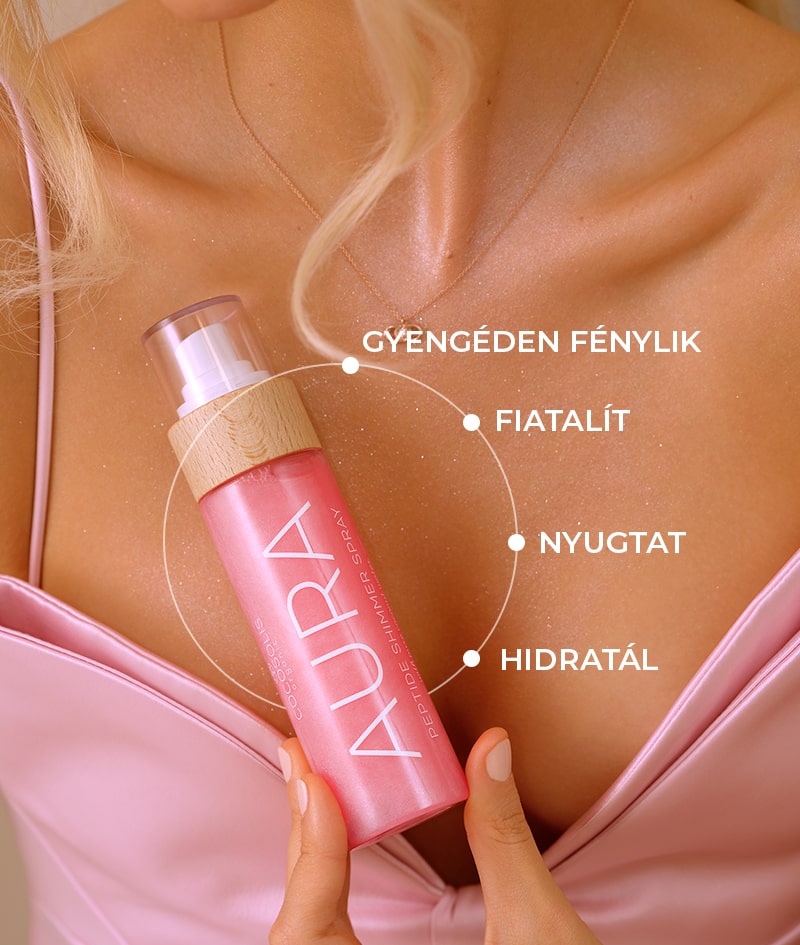 AURA PINK Peptide Shimmer Spray: Természetes ragyogó spray peptidekkel arcra, testre és hajra. Gyengéden fénylik, hidratál és fiatalít.<br><strong>Csillogás: Pink</strong>