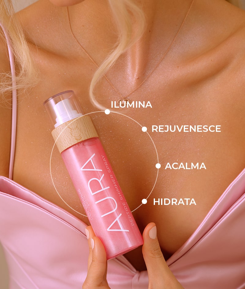 AURA PINK Peptide Shimmer Spray: Spray de brilho natural com peptídeos para o rosto, corpo e cabelo. Ilumina, hidrata e rejuvenesce.<br><strong>Brilho: pink</strong>
