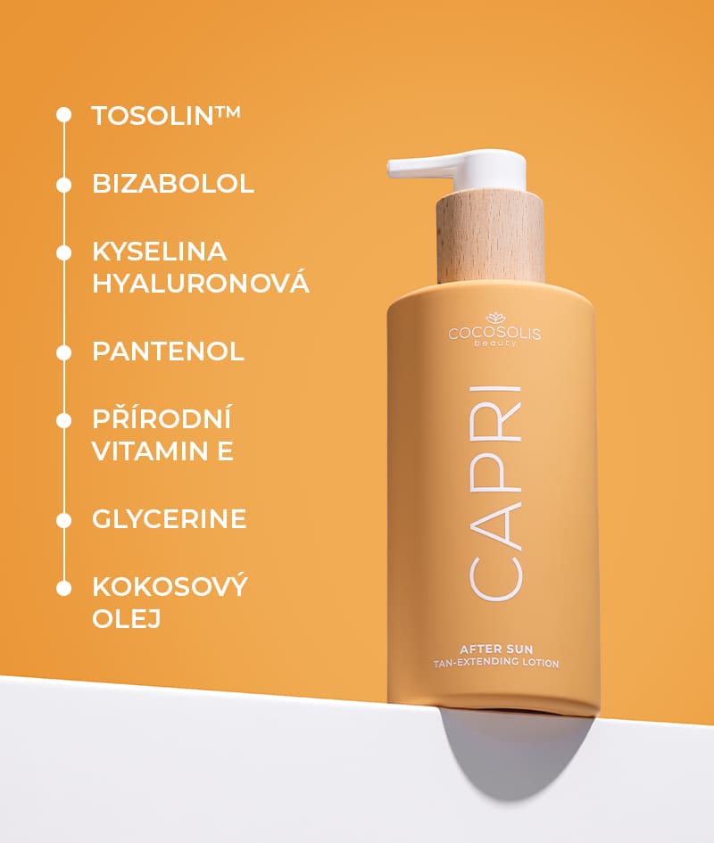 CAPRI After Sun Tan-Extending Lotion: Lotion po opalování pro prodloužení pleti s obsahem TOSOLIN™. Osvěžuje, zklidňuje a hydratuje pokožku. Při každodenním používání uchová opálení až po dobu 3 měsíců.