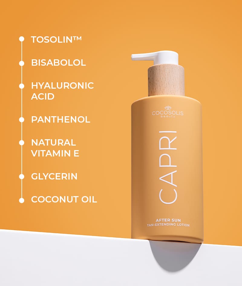 CAPRI After Sun Tan-Extending Lotion: After sun tan-extending lotion with TOSOLIN™. Refreshes, soothes, and hydrates the skin. Prolongs the tan for up to 3 months if applied daily.