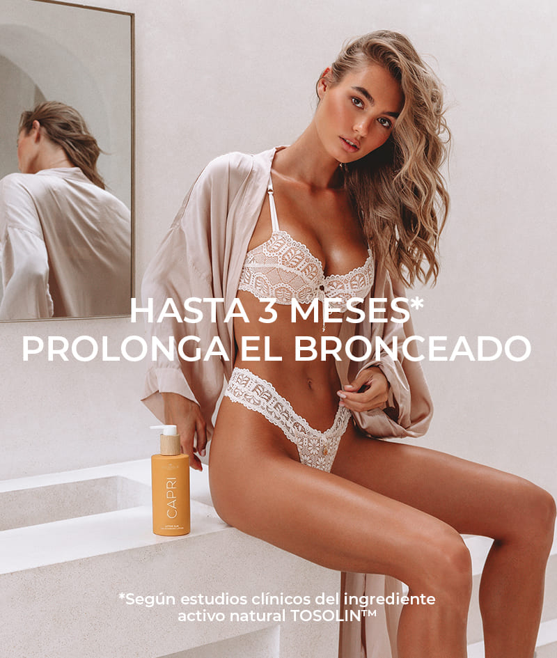 CAPRI After Sun Tan-Extending Lotion: Loción postsolar prolongadora del bronceado con TOSOLIN™. Refresca, calma e hidrata la piel. Mantiene el bronceado hasta 3 meses con el uso diario.