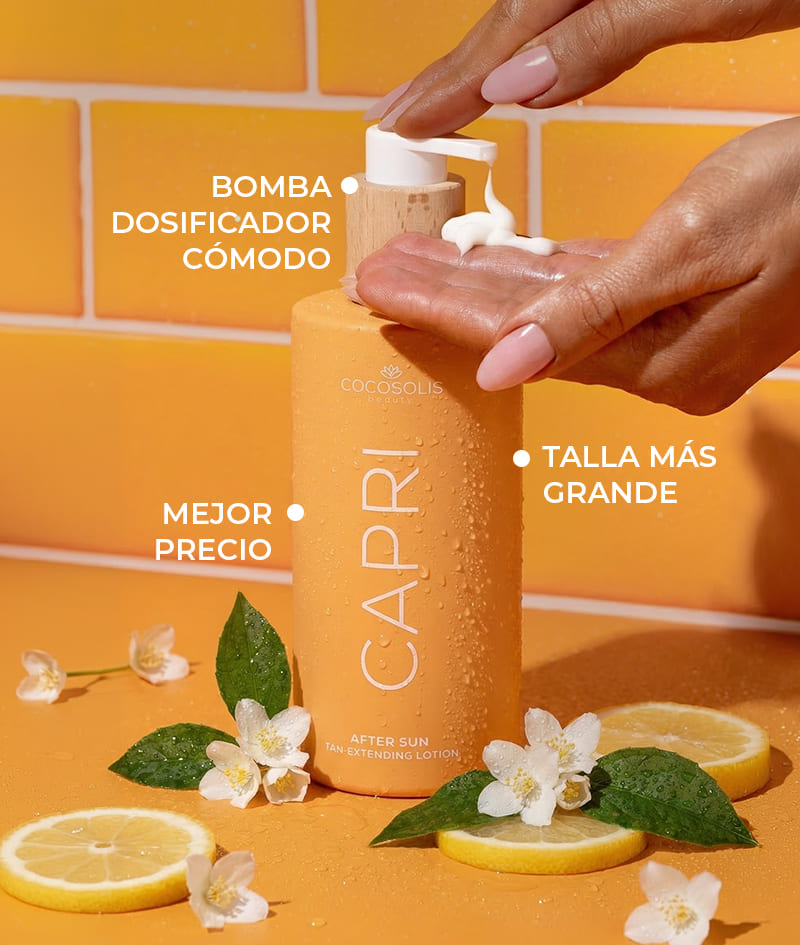 CAPRI After Sun Tan-Extending Lotion: Loción postsolar prolongadora del bronceado con TOSOLIN™. Refresca, calma e hidrata la piel. Mantiene el bronceado hasta 3 meses con el uso diario.