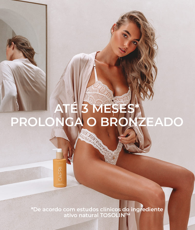 CAPRI After Sun Tan-Extending Lotion: Loção pós-sol prolongadora do bronzeado com TOSOLIN™. Refresca, acalma e hidrata a pele. Prolonga o bronzeado por até 3 meses se aplicado diariamente.