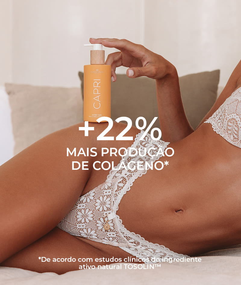 CAPRI After Sun Tan-Extending Lotion: Loção pós-sol prolongadora do bronzeado com TOSOLIN™. Refresca, acalma e hidrata a pele. Prolonga o bronzeado por até 3 meses se aplicado diariamente.
