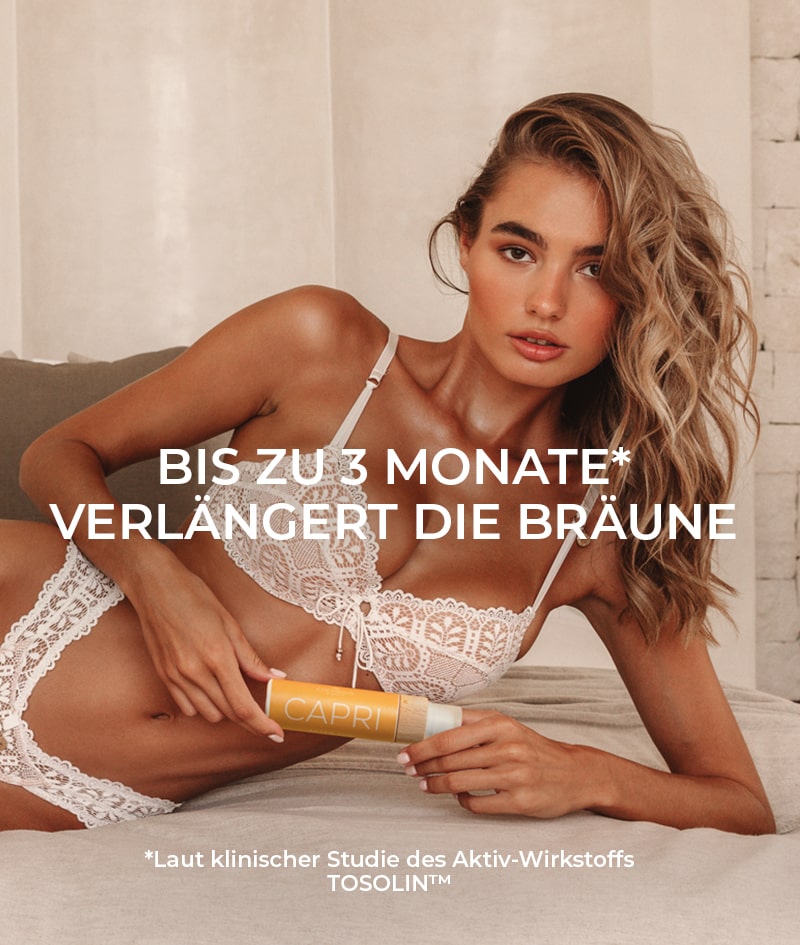 CAPRI After Sun Tan-Extending Lotion: Bräunungsverlängernde After-Sun-Lotion mit TOSOLIN™. Erfrischt, beruhigt und hydratisiert die Haut. Bewahrt die Bräune bei täglicher Anwendung um bis zu 3 Monate.