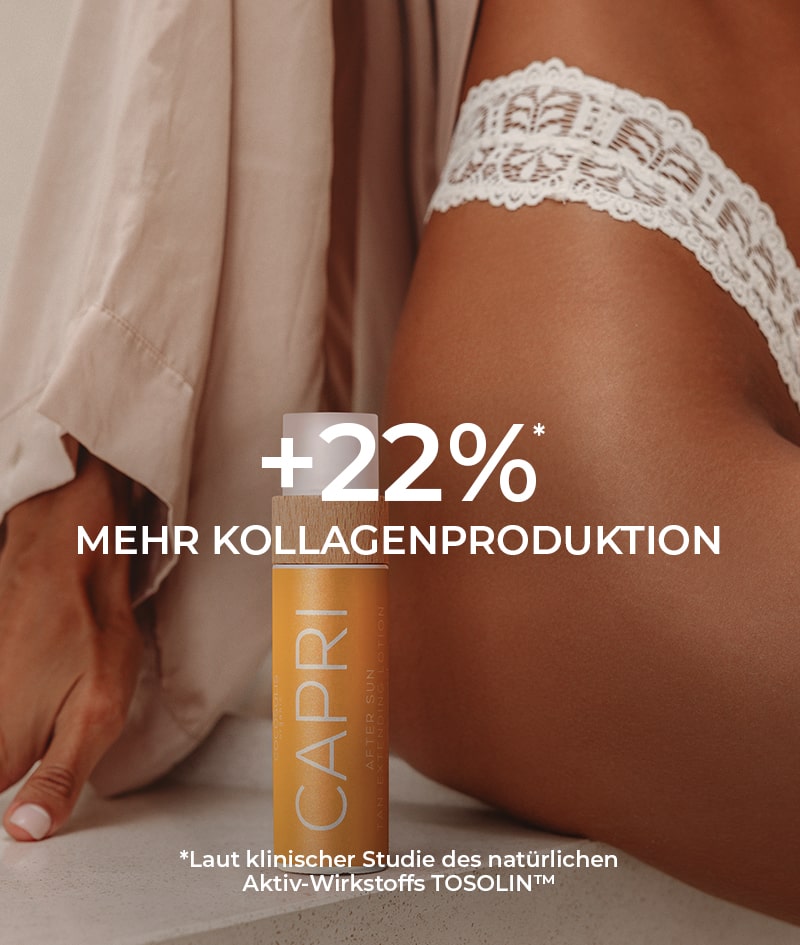 CAPRI After Sun Tan-Extending Lotion: Bräunungsverlängernde After-Sun-Lotion mit TOSOLIN™. Erfrischt, beruhigt und hydratisiert die Haut. Bewahrt die Bräune bei täglicher Anwendung um bis zu 3 Monate.