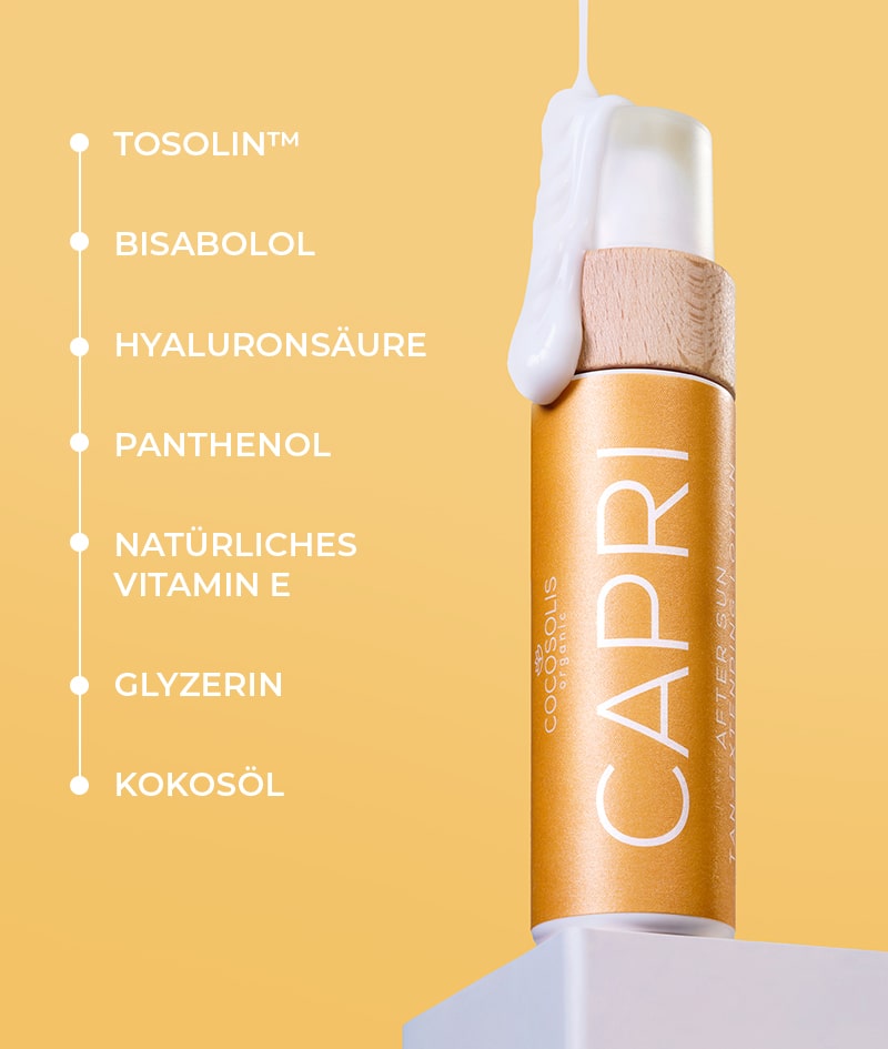 CAPRI After Sun Tan-Extending Lotion: Bräunungsverlängernde After-Sun-Lotion mit TOSOLIN™. Erfrischt, beruhigt und hydratisiert die Haut. Bewahrt die Bräune bei täglicher Anwendung um bis zu 3 Monate.