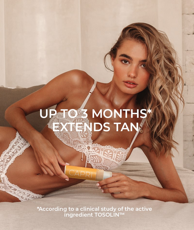 CAPRI After Sun Tan-Extending Lotion: After sun tan-extending lotion with TOSOLIN™. Refreshes, soothes, and hydrates the skin. Prolongs the tan for up to 3 months if applied daily.