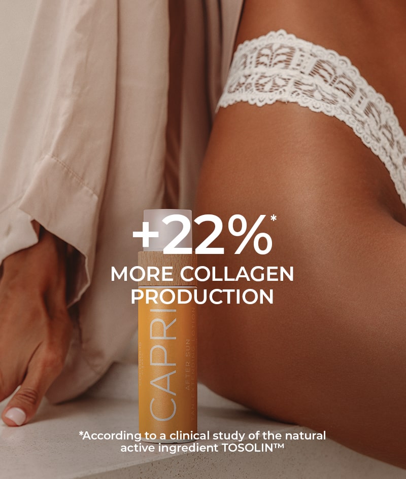 CAPRI After Sun Tan-Extending Lotion: After sun tan-extending lotion with TOSOLIN™. Refreshes, soothes, and hydrates the skin. Prolongs the tan for up to 3 months if applied daily.