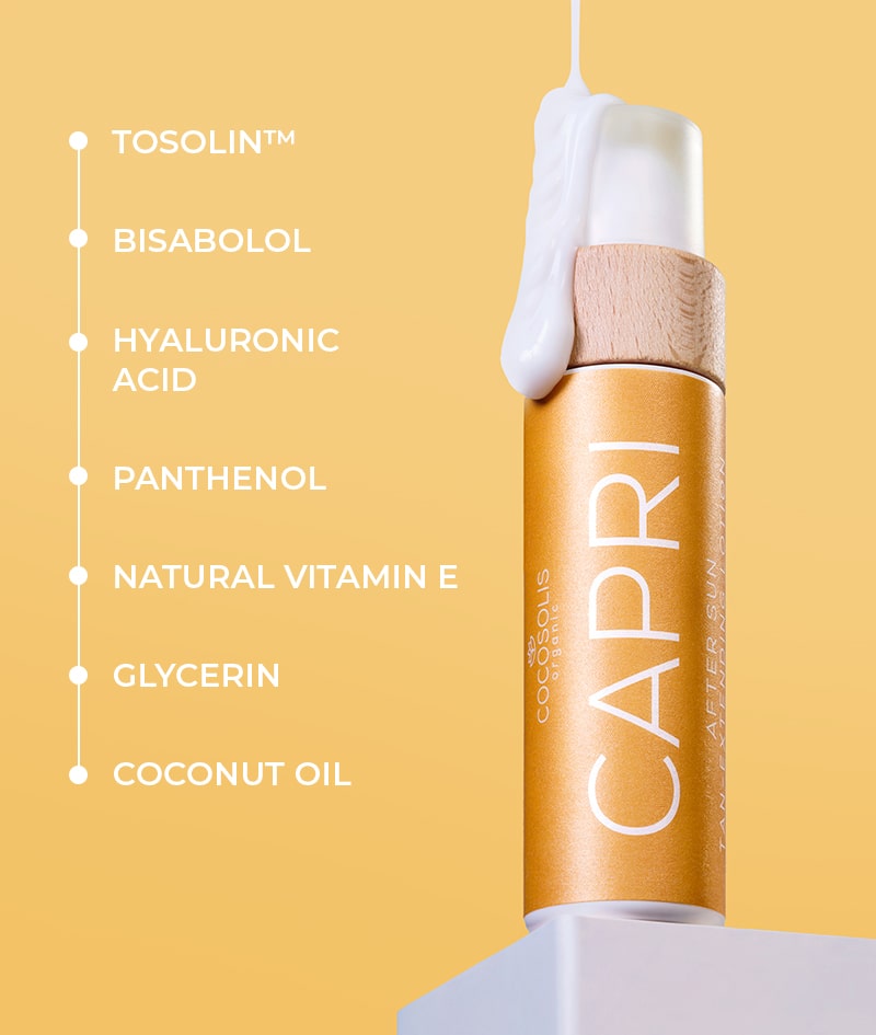 CAPRI After Sun Tan-Extending Lotion: After sun tan-extending lotion with TOSOLIN™. Refreshes, soothes, and hydrates the skin. Prolongs the tan for up to 3 months if applied daily.