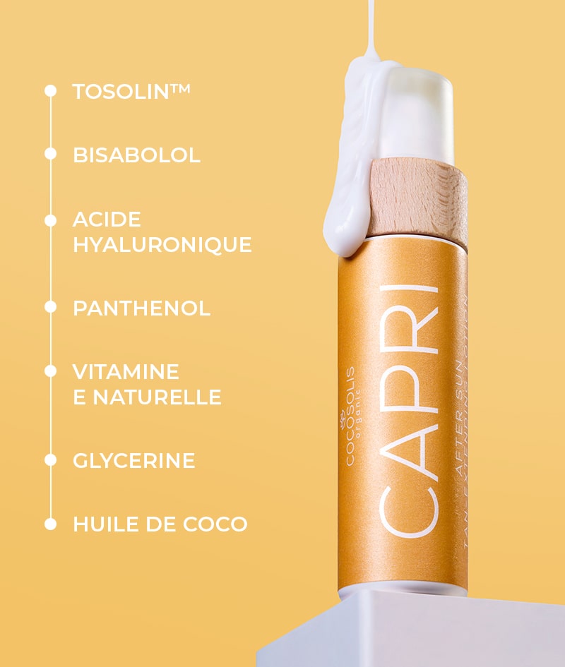 CAPRI After Sun Tan-Extending Lotion: Lotion après-soleil prolongateur de bronzage au TOSOLIN™. Restaure et hydrate. Rafraîchit, apaise et hydrate la peau. Prolonge le bronzage jusqu'à 3 mois avec une application quotidienne.