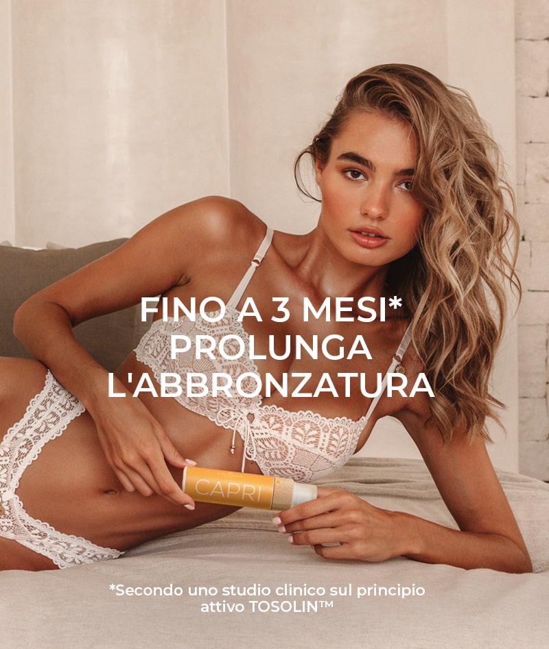 CAPRI After Sun Tan-Extending Lotion: Lozione doposole che prolunga l'abbronzatura con TOSOLIN™. Rinfresca, lenisce e idrata la pelle. Prolunga l'abbronzatura fino a 3 mesi se applicata quotidianamente.