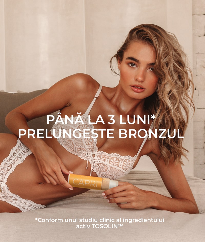 CAPRI After Sun Tan-Extending Lotion: Loțiune după soare care prelungește bronzul cu TOSOLIN™. Reîmprospătează, calmează și hidratează pielea. Menține bronzul până la 3 luni cu utilizare zilnică.