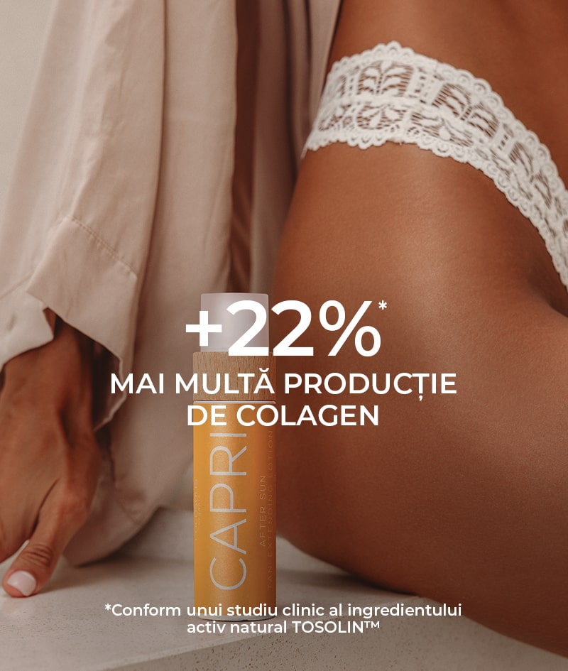 CAPRI After Sun Tan-Extending Lotion: Loțiune după soare care prelungește bronzul cu TOSOLIN™. Reîmprospătează, calmează și hidratează pielea. Menține bronzul până la 3 luni cu utilizare zilnică.
