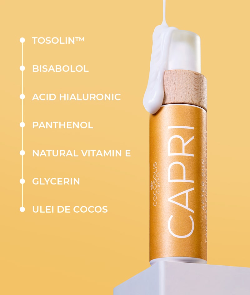 CAPRI After Sun Tan-Extending Lotion: Loțiune după soare care prelungește bronzul cu TOSOLIN™. Reîmprospătează, calmează și hidratează pielea. Menține bronzul până la 3 luni cu utilizare zilnică.