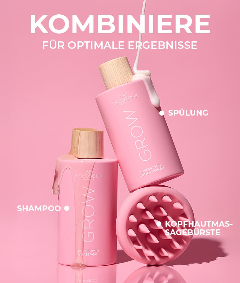 GROW Scalp Massager: Kopfhautmassagebürste. Stimuliert das Haarwachstum. Schäumt das Shampoo für eine gründliche, sanfte Reinigung auf. Peelt.