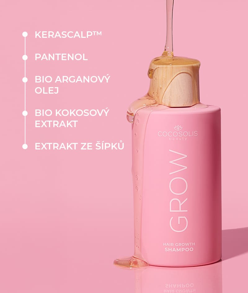GROW Growth & Anti-aging Shampoo: Šampon na růst vlasů s KERASCALP™. S účinkem proti stárnutí. Klinicky dokázáno, že vlasy jsou silnější, plnější a lesklejší.