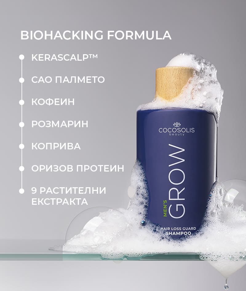 GROW Men’s Hair Loss Guard Shampoo: Шампоан за мъже против косопад с KERASCALP™ и биостимулатори. Таргетира хормона DHT. Активира растежа и забавя биологичното стареене на скалпа. 