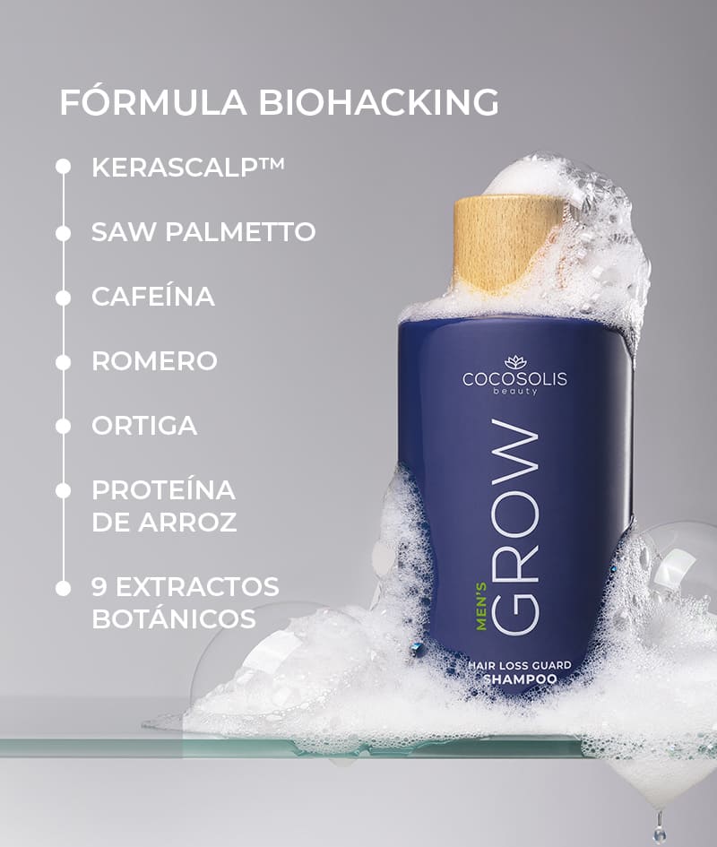 GROW Men’s Hair Loss Guard Shampoo: Champú anticaída para hombre con KERASCALP™ y biestimulantes <strong>bioestimuladores</strong>. Actúa contra la DHT. Estimula el crecimiento y ayuda a frenar el envejecimiento del cuero cabelludo.