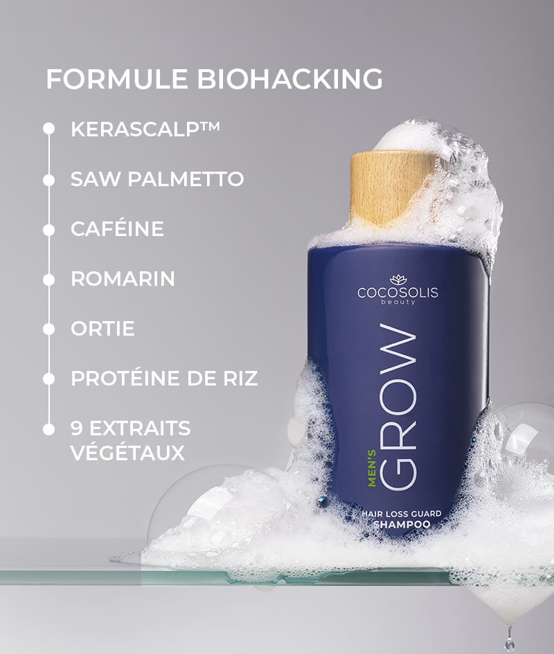 GROW Men’s Hair Loss Guard Shampoo: Shampooing antichute homme au KERASCALP™ et aux biostimulants. Cible l'hormone DHT. Stimule la croissance capillaire et ralentit le vieillissement biologique du cuir chevelu.